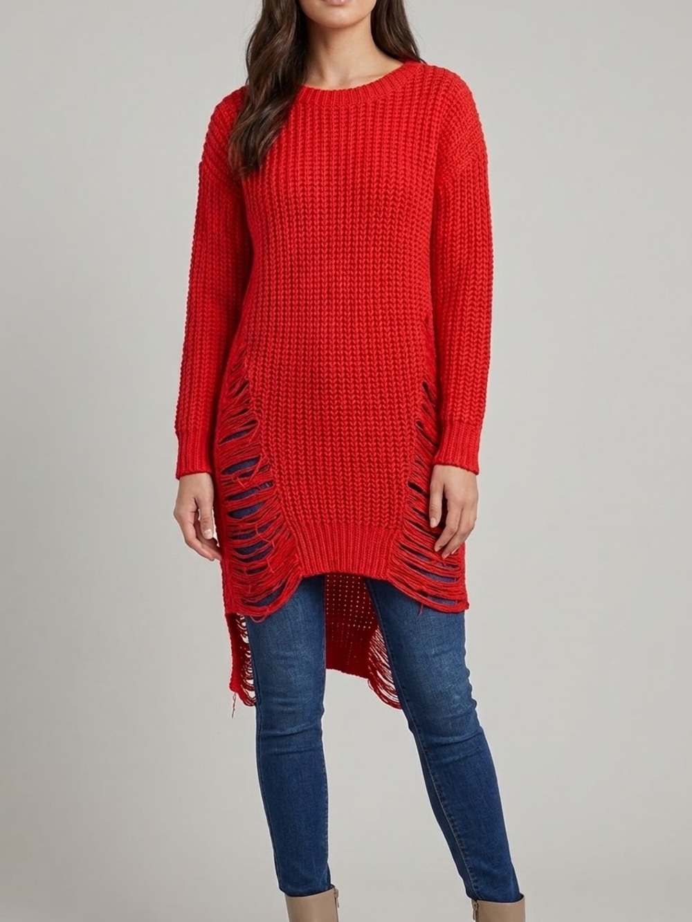 Hera Collection Red Distressed Knit Long Sweater